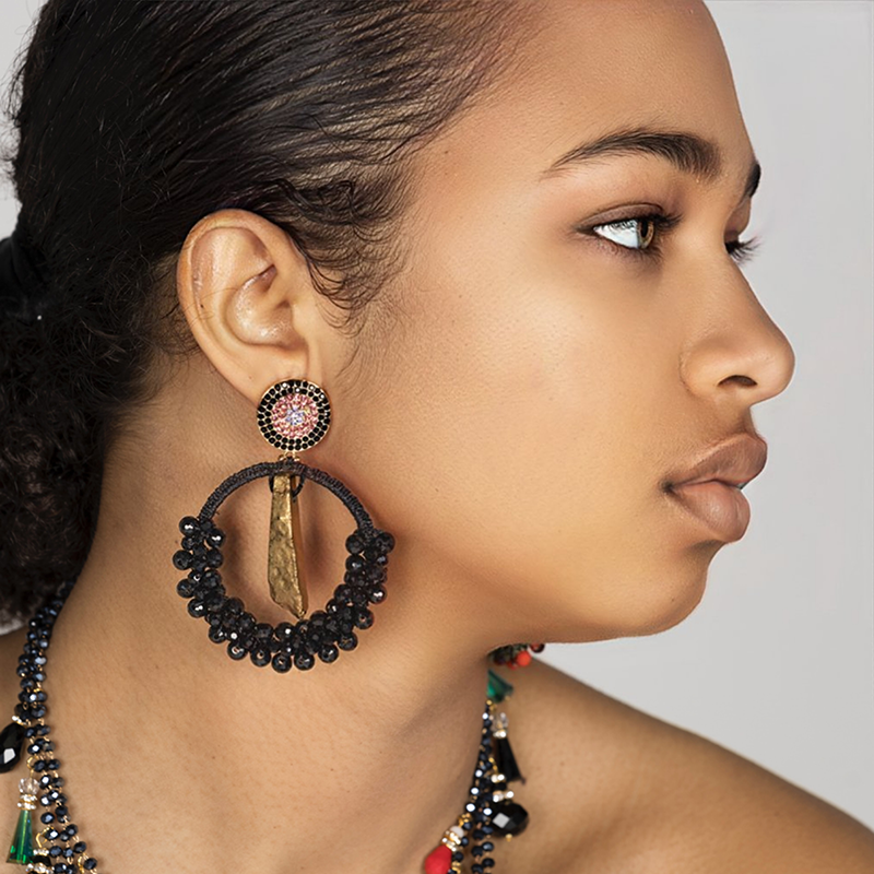 Precious Agate Hoop Earrings Black